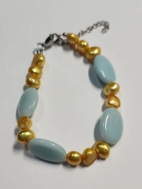 Amazonite And Golden Pearl Beaded Women's Bracelet